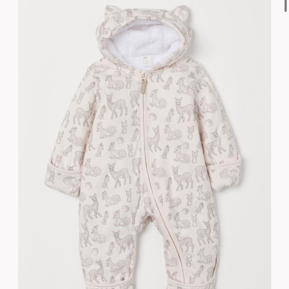 H&M Light Pink Baby 6-9 Month Faux Shearling-lined Overall with Deer - Picture 1 of 7